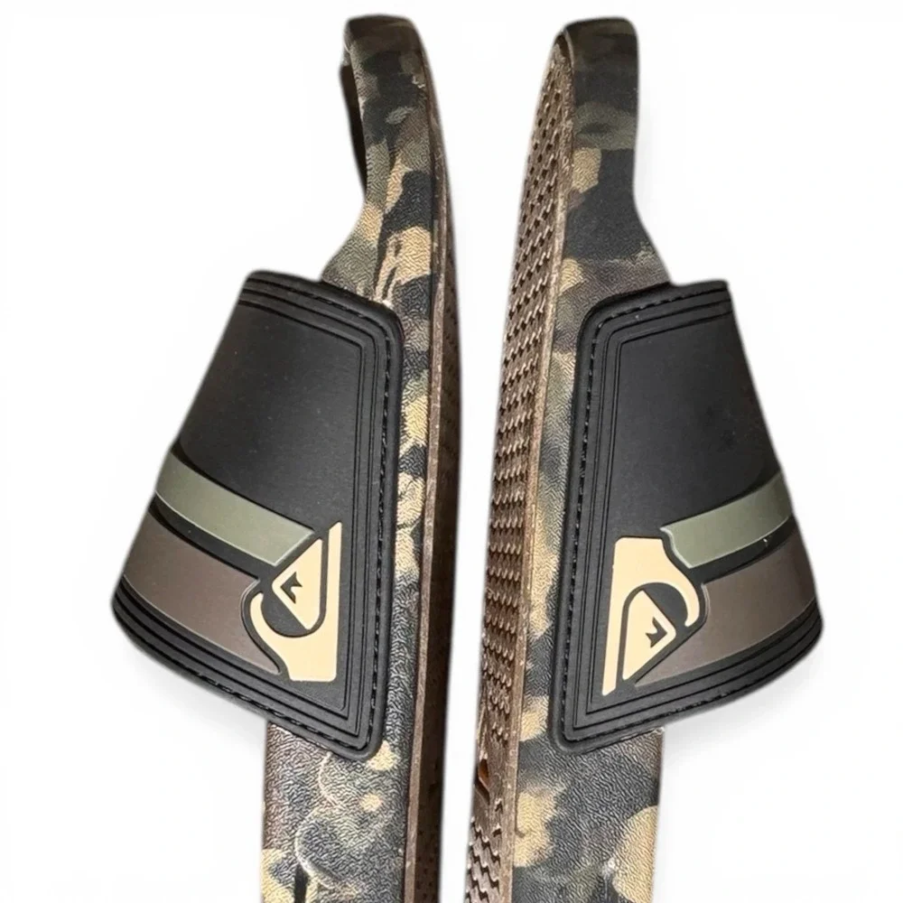 Quiksilver Men's Camouflage Slide Flip Flops Black Green Breathable‎ Mens 10 EUC